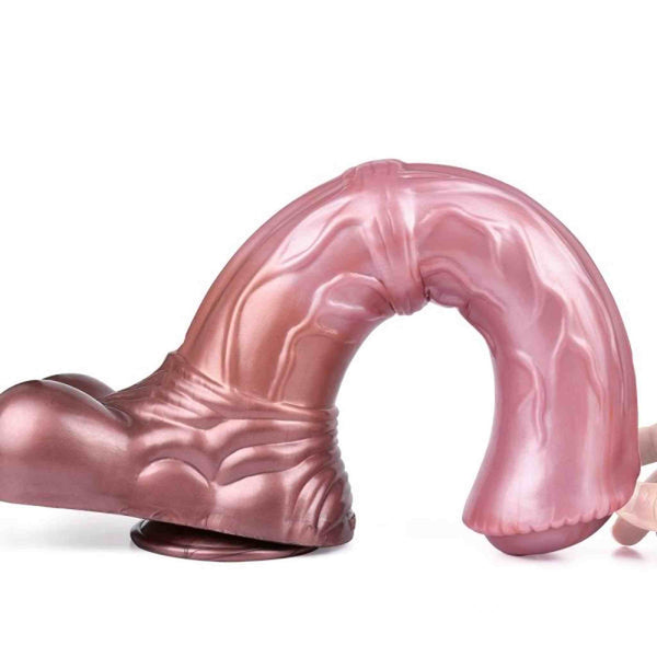 Dildo silicone rosa metallizzato flessibile a forma di arco con base zampa e venature