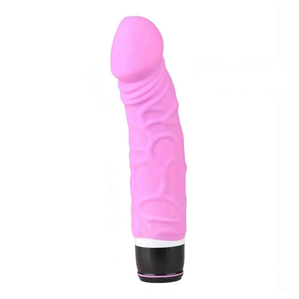Vista laterale vibratore classico rosa in silicone con rilievi stimolanti