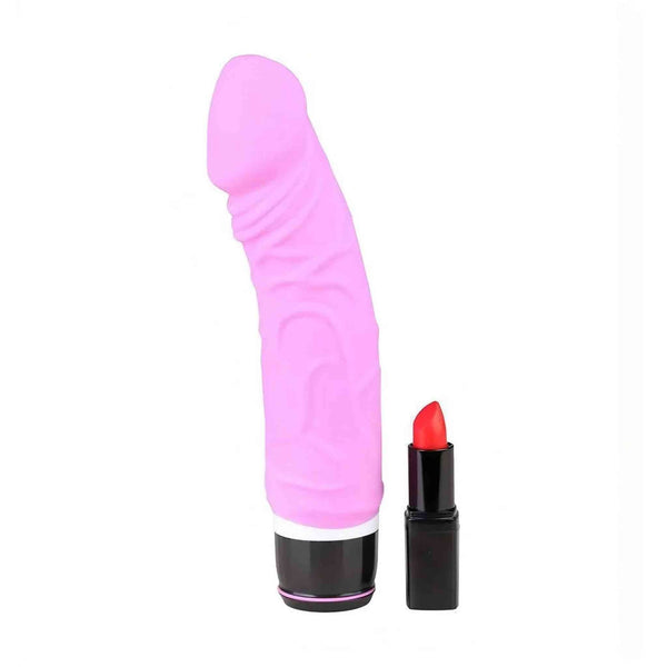 Vibratore realistico rosa in silicone con base nera e matita labbra