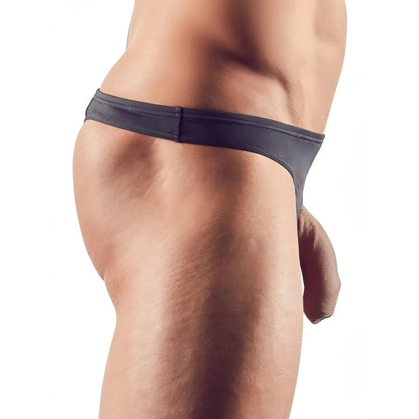 Slip intimo uomo nero elastico con apertura pene, vista laterale profilo