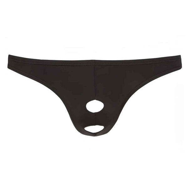 Slip uomo nero con doppia apertura ovale verticale per pene e perineo