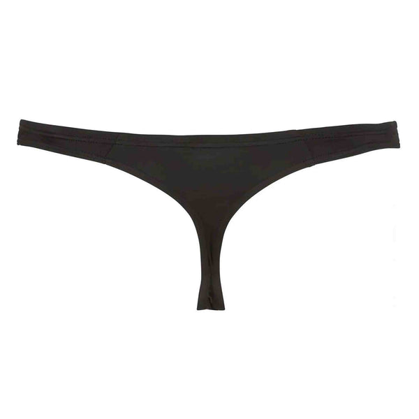 Slip thong nero uomo con apertura centrale frontale, vista piatta