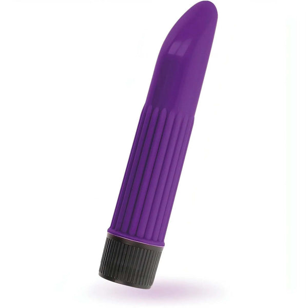 Vibratore viola Sonny in silicone liscio con base nera e bordo metallico argentato