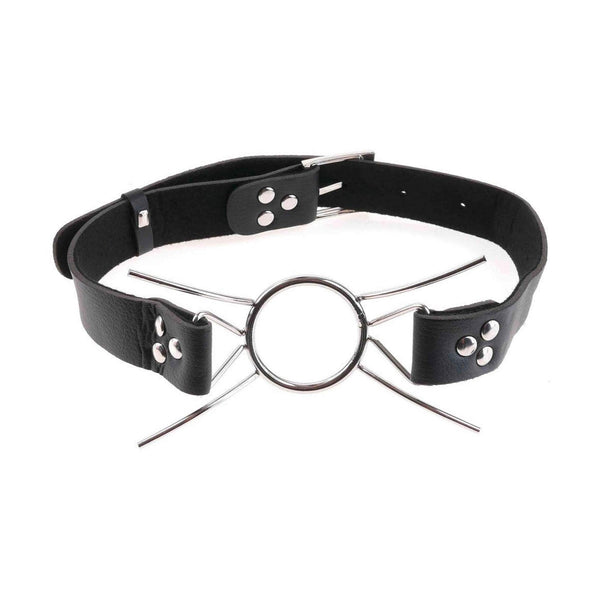 Dettaglio bavaglio Spider Gag in metallo e pelle sintetica nera con fibbia