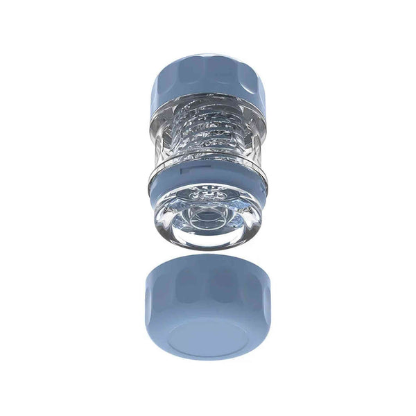 Vista frontale masturbatore Spiral Portable Vigor Cup aperto con guaina TPE trasparente e rilievi spiralati