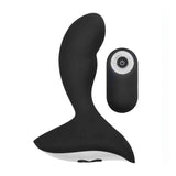 Stimolatore prostatico nero in silicone ergonomico con telecomando wireless a pulsante bianco