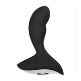 Vista frontale stimolatore prostatico nero in silicone con curva anatomica e striscia decorativa