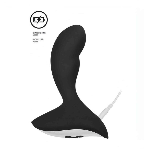 Stimolatore prostatico nero in silicone collegato cavo USB con indicazione tempi carica e autonomia