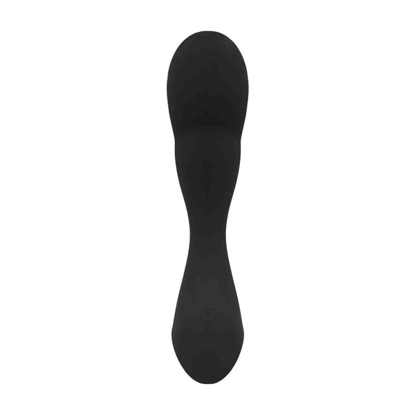 Vista posteriore stimolatore prostatico nero in silicone con base piatta e connettore ricarica