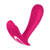 Vista laterale stimolatore intimo rosa fucsia a forma di V con pulsante accensione