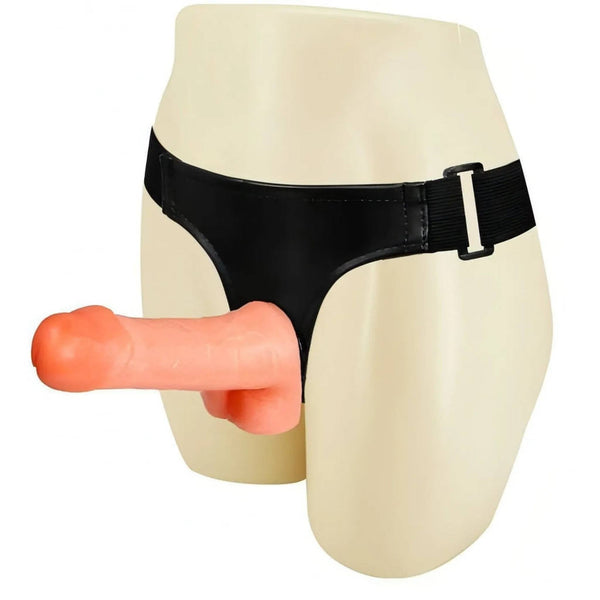 Strap-on indossato su manichino femminile, vista laterale della cintura a T
