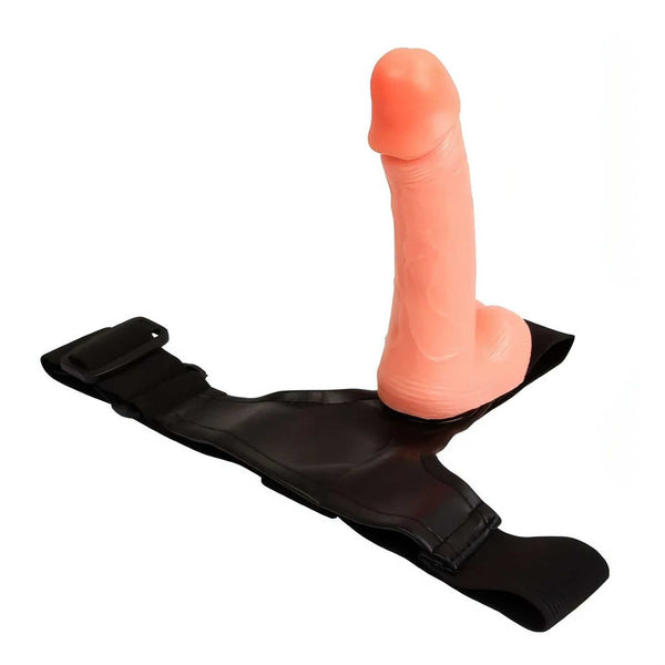 Cintura strap-on nera aperta a T con dildo montato verticalmente