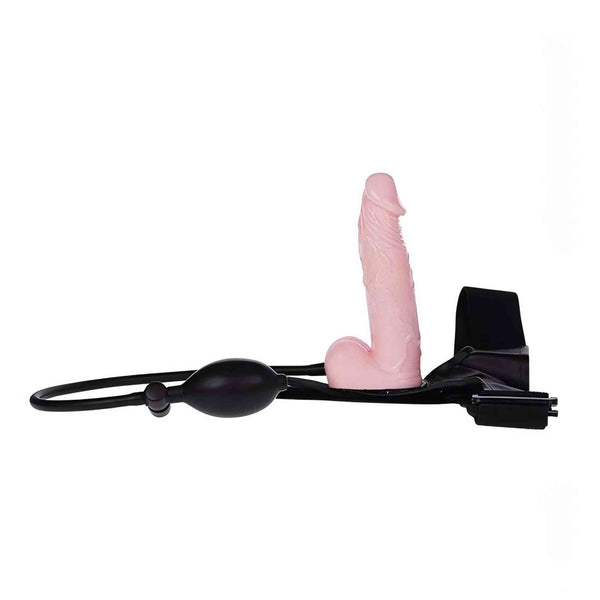 Cinturino gonfiabile nero con pene artificiale rosa carne e pompa manuale