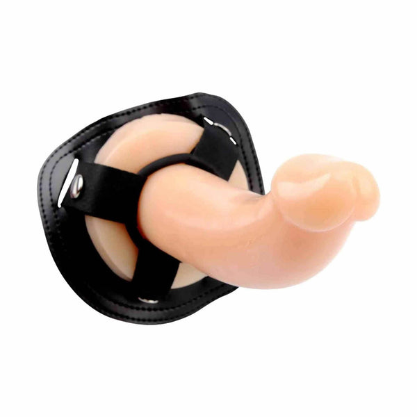 Vista frontale strap-on base nera cucita con dildo carne ergonomico curvo