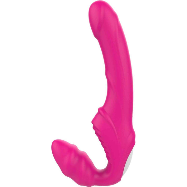 Strapon strapless rosa silicone vista frontale forma anatomica doppia