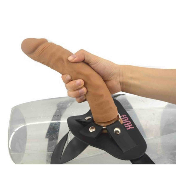 Dildo Strapons 24cm marrone con fibbie metalliche e scritta FNAK rosa