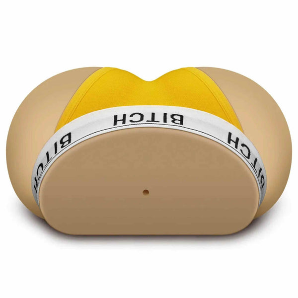 Masturbatore realistico glutei con perizoma giallo scritta Bitch vista posteriore