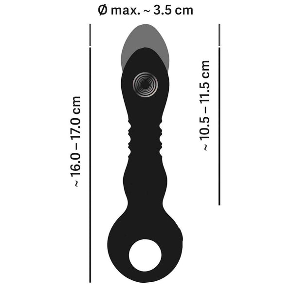 Schema tecnico dimensioni vibratore nero in silicone con anello dorato