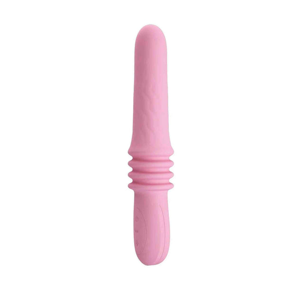 Profilo vibratore rosa in silicone con testa curva e manico pulsanti ovali