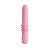 Vibratore rosa verticale in silicone con base piatta e anelli concentrici centrali