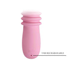 Vista posteriore vibratore rosa con porta ricarica USB e scritta USB RECHARGEABLE