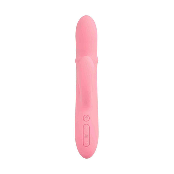 Pulsanti controllo vibratore rabbit Svakom Mora Neo rosa pastello disposti verticalmente sul manico