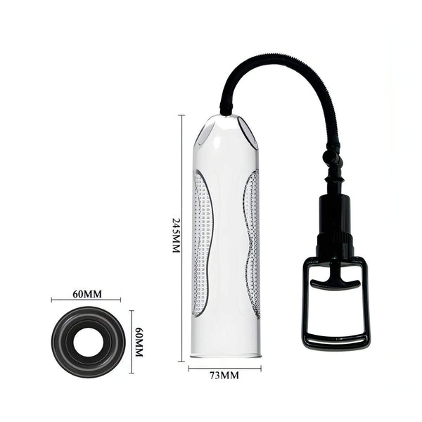 Pompa pene Cyberskin trasparente con manico a grilletto nero e texture ondulata