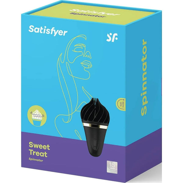 Confezione Satisfyer Spinnator Sweet Treat blu e giallo con finestra prodotto