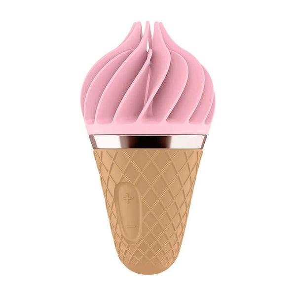 Satisfyer Sweet Treat Spinnator rosa con base a cono marrone e controlli +/-
