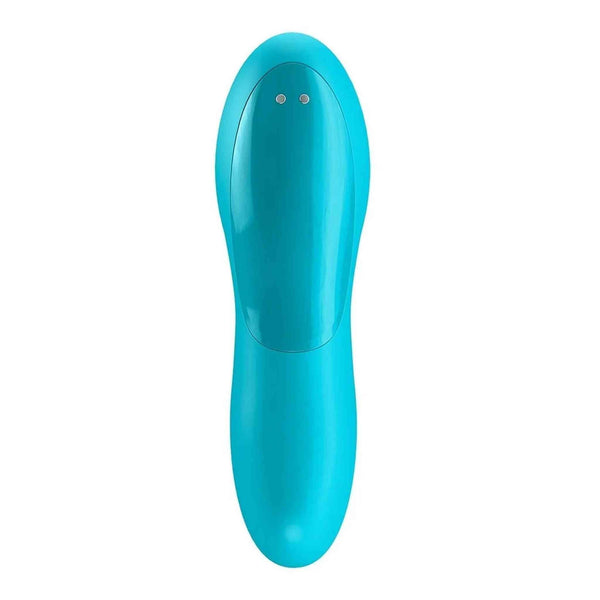 Vibratore per dito Satisfyer Teaser turchese vista frontale con fori metallici superiori