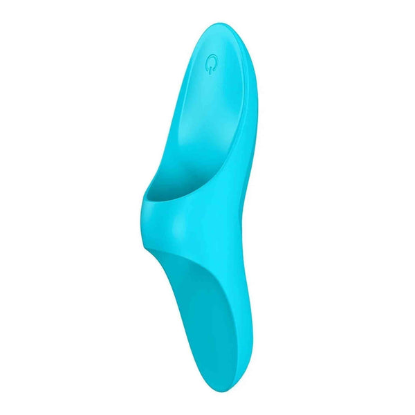 Vibratore per dito Satisfyer Teaser turchese con scanalatura centrale e simbolo inciso