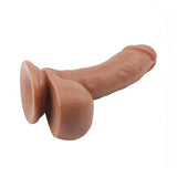 Dildo realistico Caramello orizzontale con dettagli scroto e base circolare