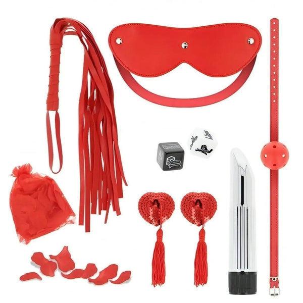 Kit erotico rosso Ohmama con vibratore multispeed, copricapezzoli burlesque, ball-gag, frustino e petali