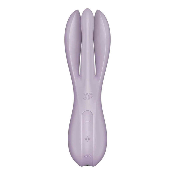 Vibratore viola Satisfyer Threesome 2 con tre appendici e controllo pulsanti vista frontale