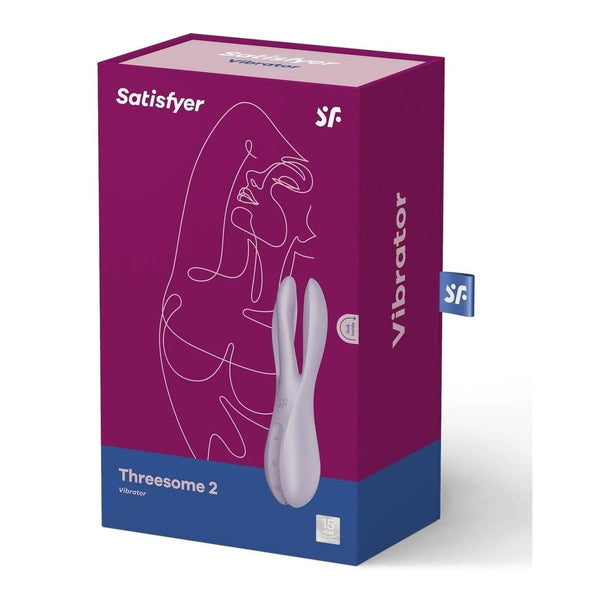 Confezione vibratore viola Satisfyer Threesome 2 con garanzia 15 anni e illustrazione