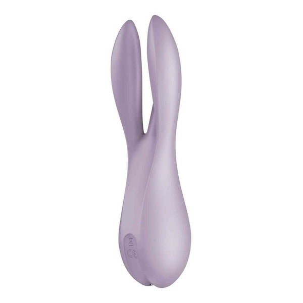 Vibratore viola Satisfyer Threesome 2 a forma di coniglio con base arrotondata vista laterale