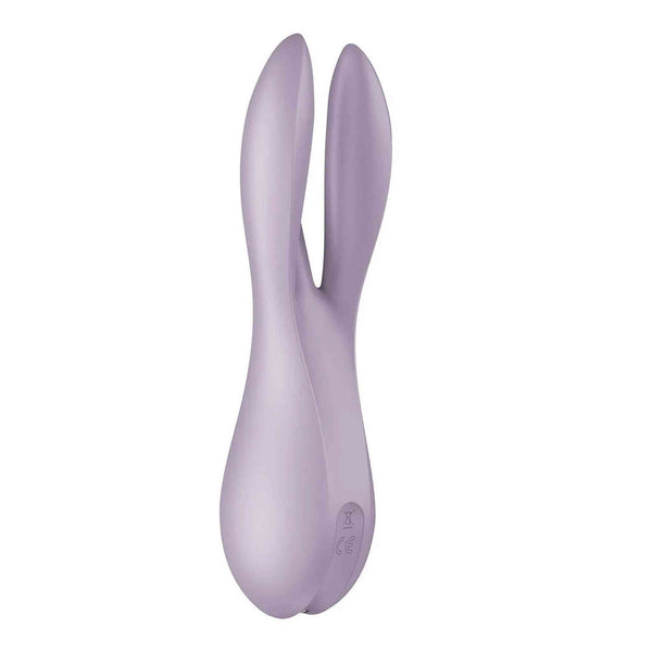 Vibratore viola Satisfyer Threesome 2 a forma di coniglio in silicone lucido vista laterale