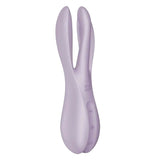 Vibratore viola Satisfyer Threesome 2 con controlli '+' '-' e simbolo S vista laterale