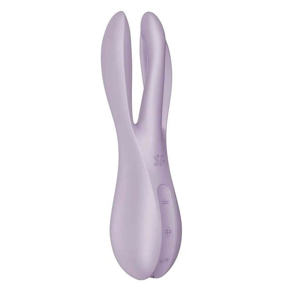 Vibratore viola Satisfyer Threesome 2 con controlli '+' '-' e simbolo S vista laterale
