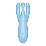 Vista frontale vibratore silicone blu Satisfyer Threesome 4 con pulsanti controllo modalità