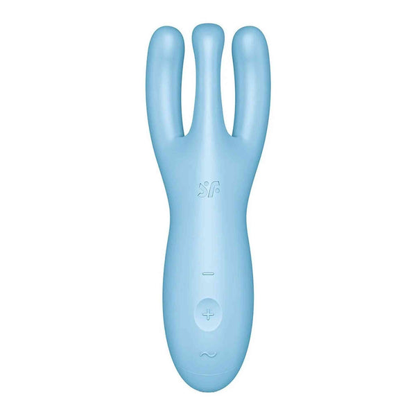 Vista frontale vibratore silicone blu Satisfyer Threesome 4 con pulsanti controllo modalità