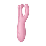Vista laterale vibratore rosa Satisfyer Threesome 4 con controlli e logo SF