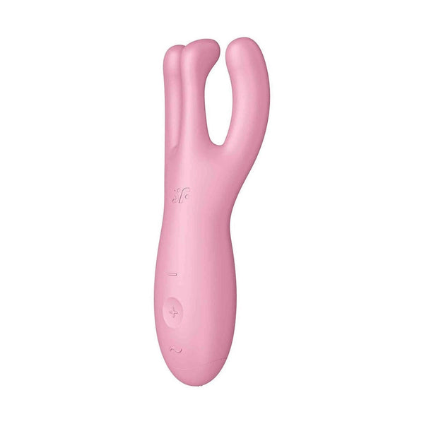 Vista laterale vibratore rosa Satisfyer Threesome 4 con controlli e logo SF