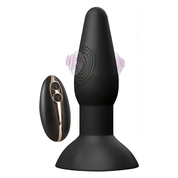 Plug anale nero in silicone con telecomando wireless e simboli grafici viola zona vibrazione