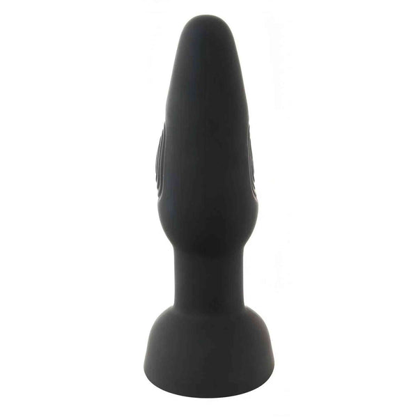 Plug anale nero in silicone morbido con base ampia e dettagli a cerchi concentrici