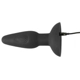 Plug anale nero in silicone con cavo di ricarica collegato e motivo a spirale laterale