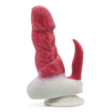 Dildo mostro silicone rosso e bianco texture ondulata con appendice curva