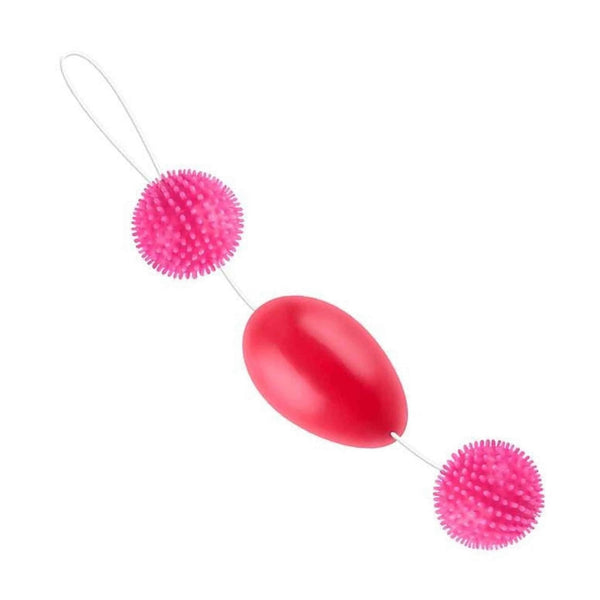 Set tre palline vaginali rosa con texture a spine e sfera ovale rossa su filo