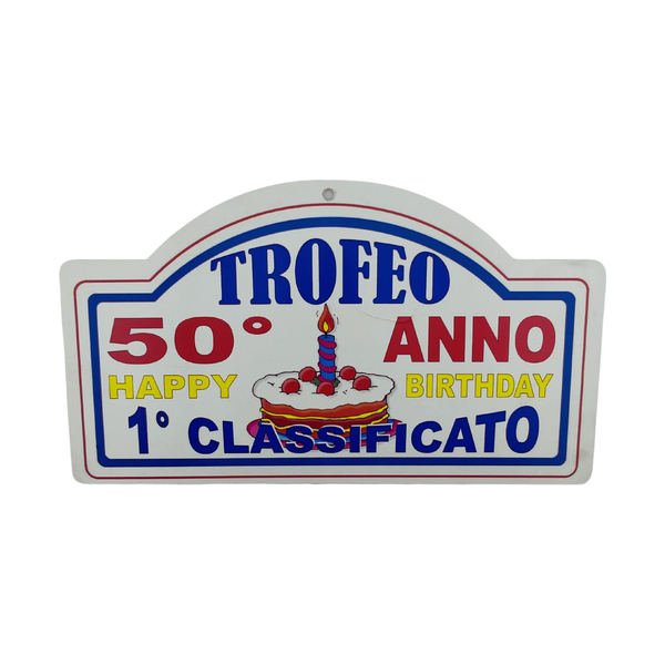 Targa trofeo 50esimo anno Happy Birthday con torta e scritta Primo Classificato