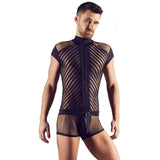 Tuta Corta Uomo Sexy Con Zip e Inserti a Rete e Fantasia a Bande Nere